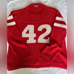 Wooden Ships “42” Varsity Sweater – Red & Cream Stripe Sleeve Knit